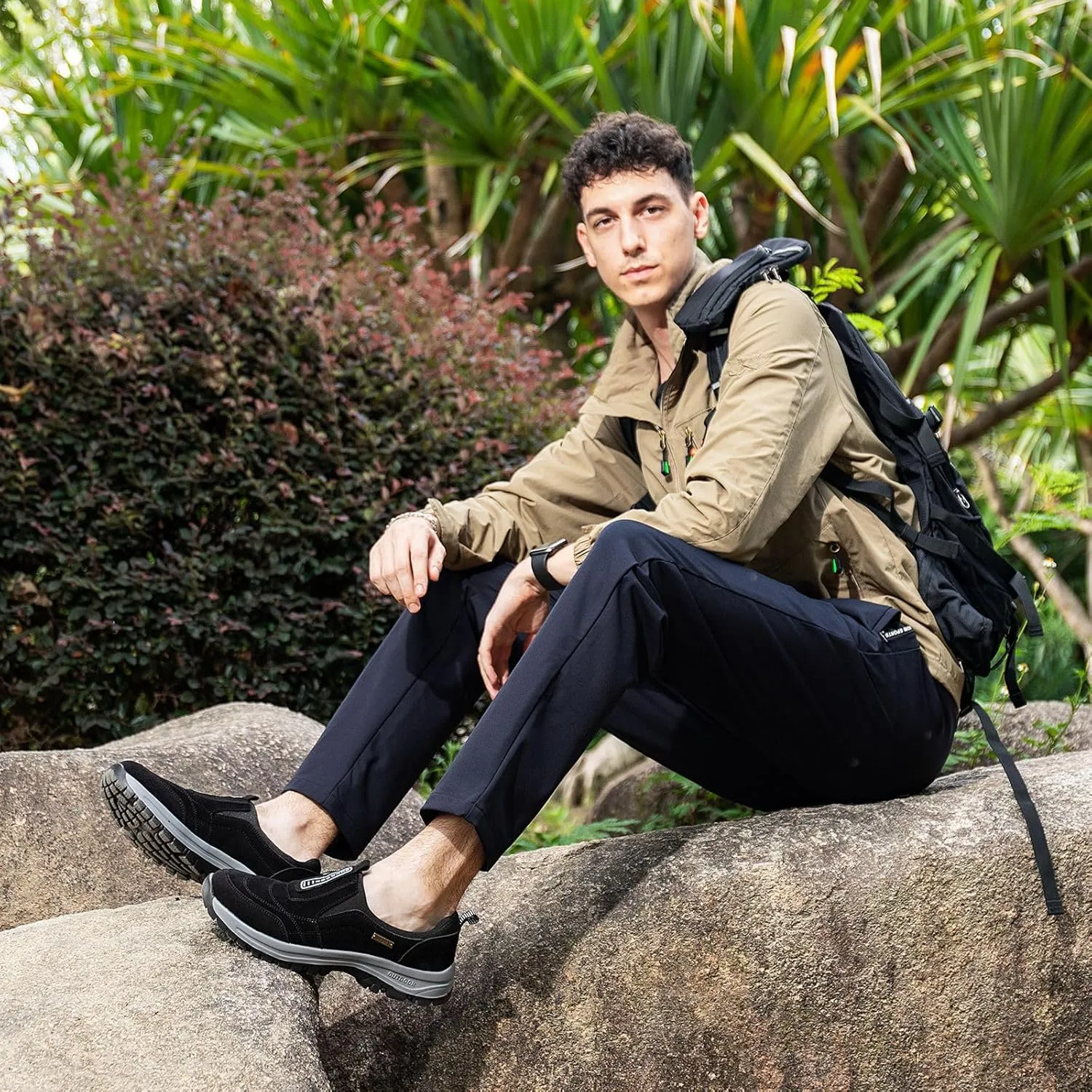 Men's Hands Free Slip in Loafers Walking Shoes for Men Slip on Leather Casual Comfortable Breathable Hiking Working All-Terrain Ankle Boots Trekking