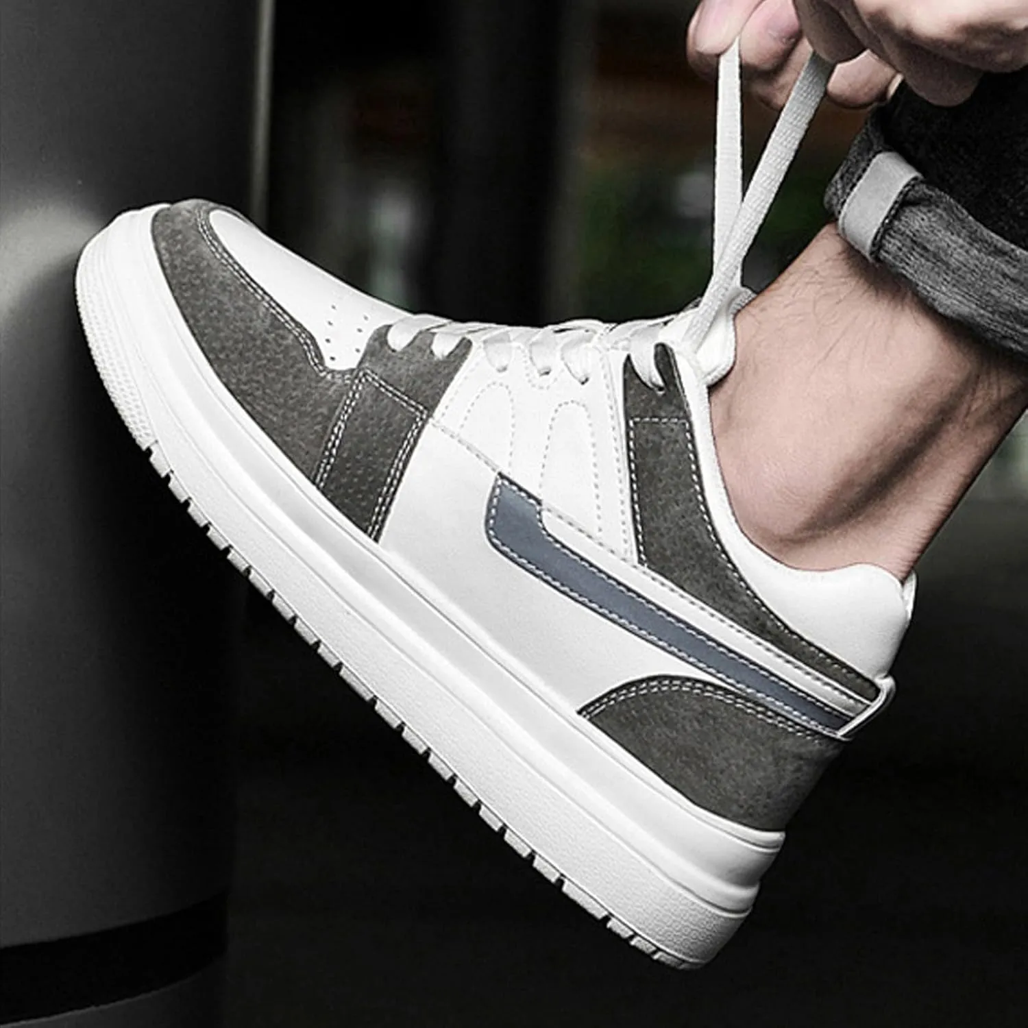 Men's Leather 2.4'' Invisible Height Increasing Fashion Sneakers Lace Up Low top Lightweight Breathable Comfortable Non Slip Hidden Heel Lifting Elevator Platform Sport Walking Shoes