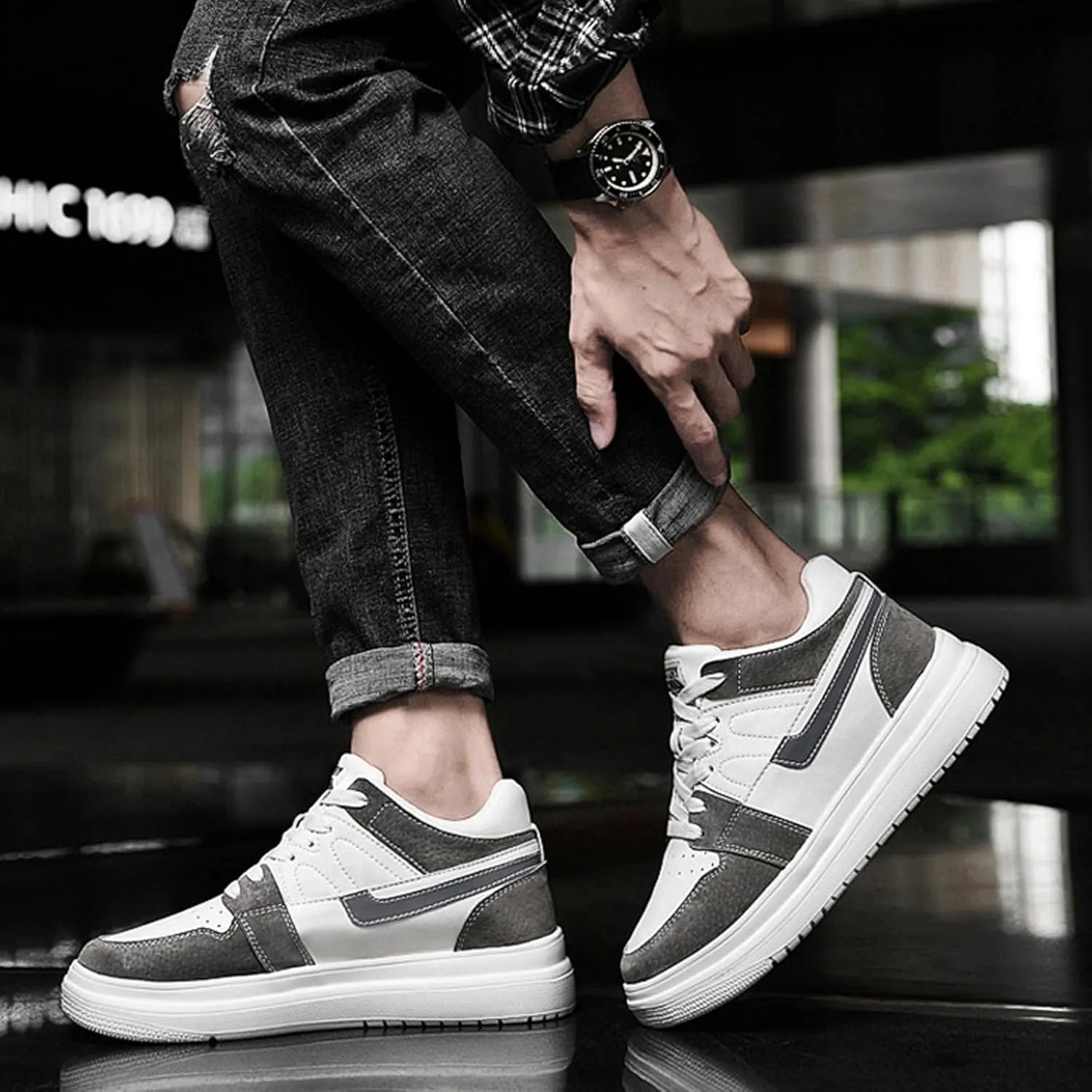 Men's Leather 2.4'' Invisible Height Increasing Fashion Sneakers Lace Up Low top Lightweight Breathable Comfortable Non Slip Hidden Heel Lifting Elevator Platform Sport Walking Shoes