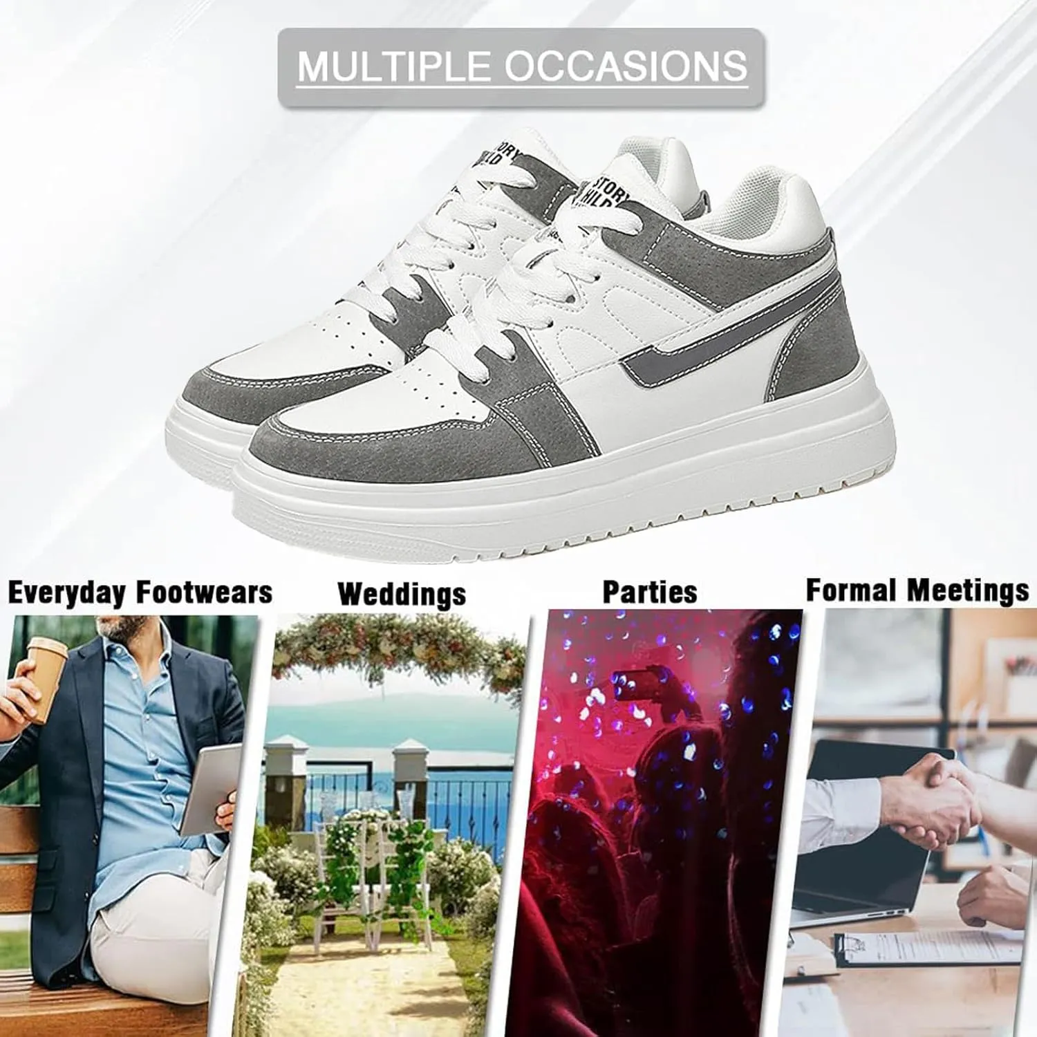 Men's Leather 2.4'' Invisible Height Increasing Fashion Sneakers Lace Up Low top Lightweight Breathable Comfortable Non Slip Hidden Heel Lifting Elevator Platform Sport Walking Shoes