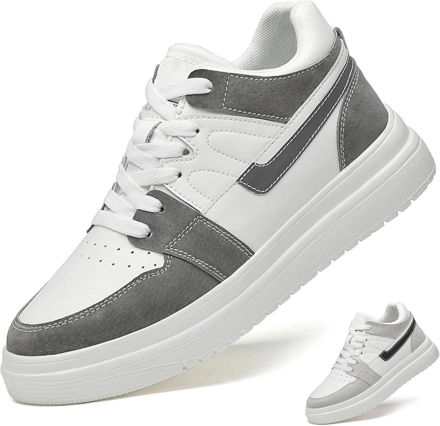 Men's Leather 2.4'' Invisible Height Increasing Fashion Sneakers Lace Up Low top Lightweight Breathable Comfortable Non Slip Hidden Heel Lifting Elevator Platform Sport Walking Shoes