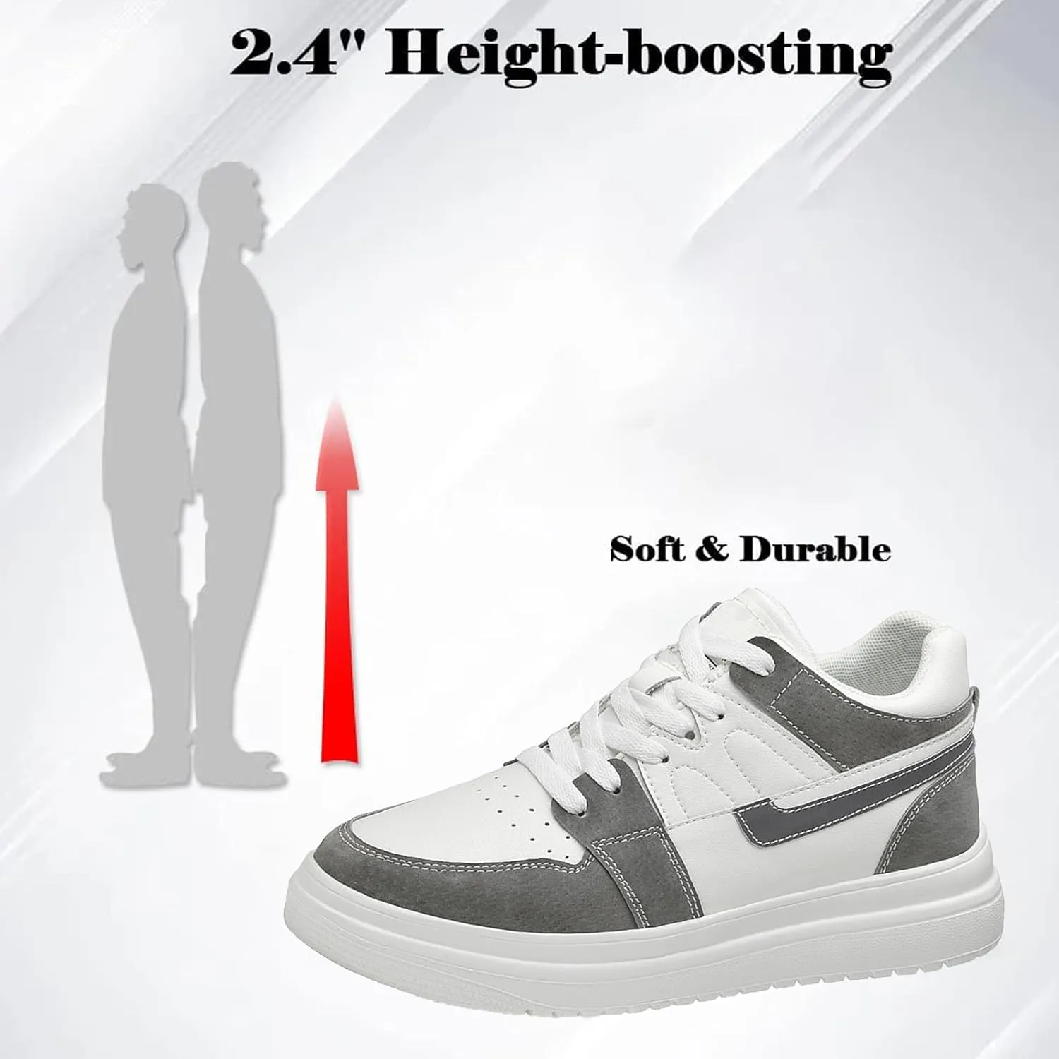 Men's Leather 2.4'' Invisible Height Increasing Fashion Sneakers Lace Up Low top Lightweight Breathable Comfortable Non Slip Hidden Heel Lifting Elevator Platform Sport Walking Shoes