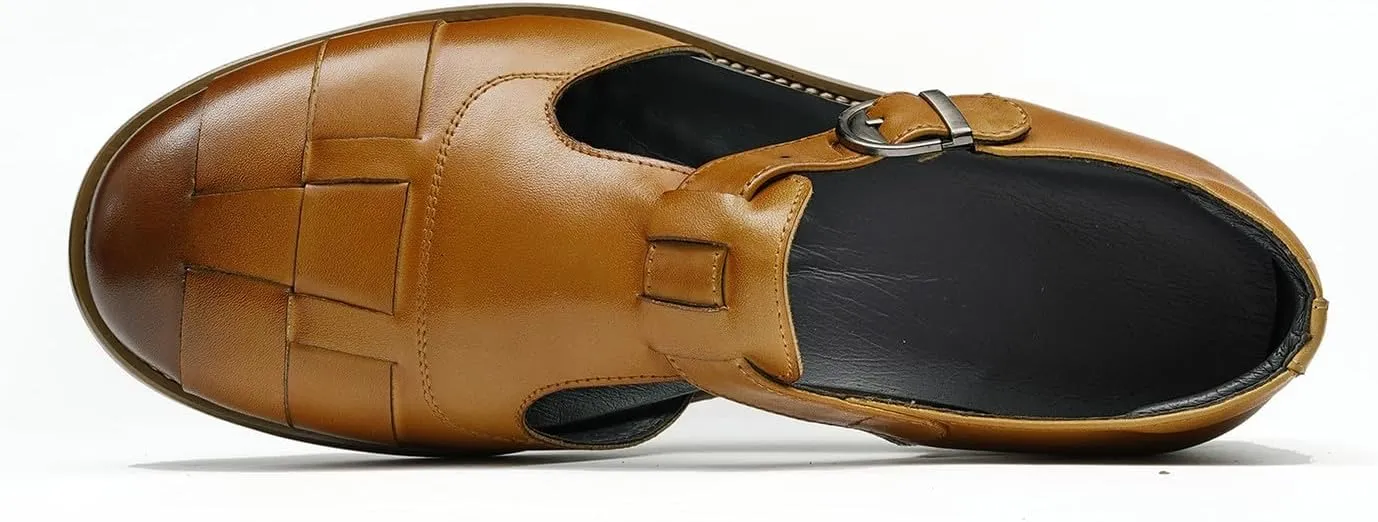 Men's Leather Dress Sandals with Agraffe Buckle| Business Casual Summer Shoes | Breathable Comfortable Wide Adjustable Straps Summer Loafers