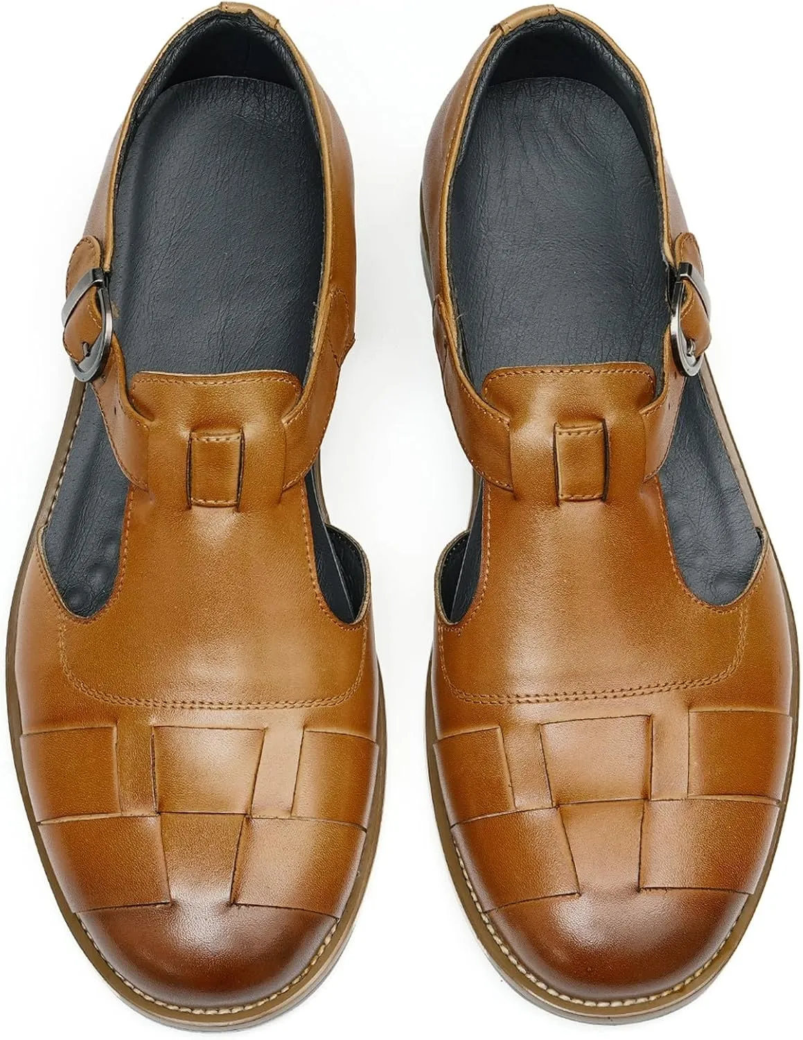 Men's Leather Dress Sandals with Agraffe Buckle| Business Casual Summer Shoes | Breathable Comfortable Wide Adjustable Straps Summer Loafers