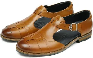 Men's Leather Dress Sandals with Agraffe Buckle| Business Casual Summer Shoes | Breathable Comfortable Wide Adjustable Straps Summer Loafers