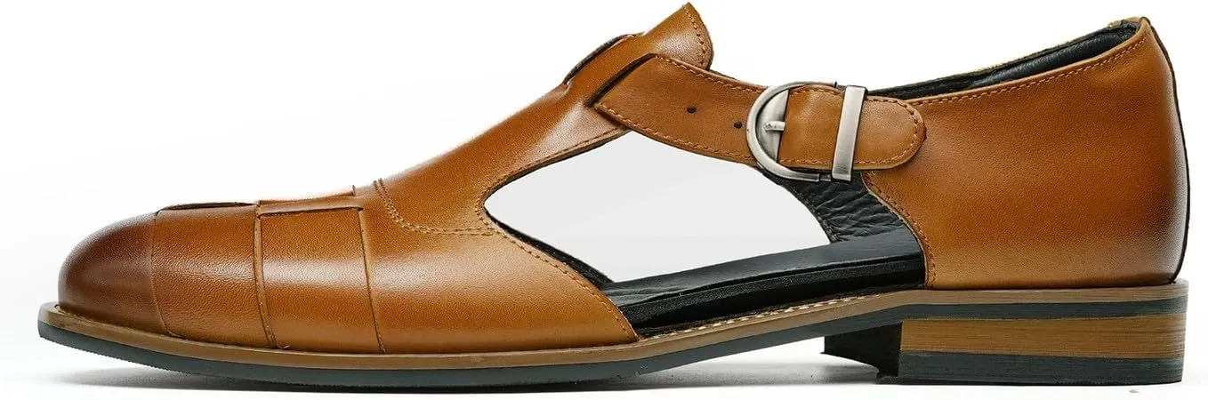 Men's Leather Dress Sandals with Agraffe Buckle| Business Casual Summer Shoes | Breathable Comfortable Wide Adjustable Straps Summer Loafers