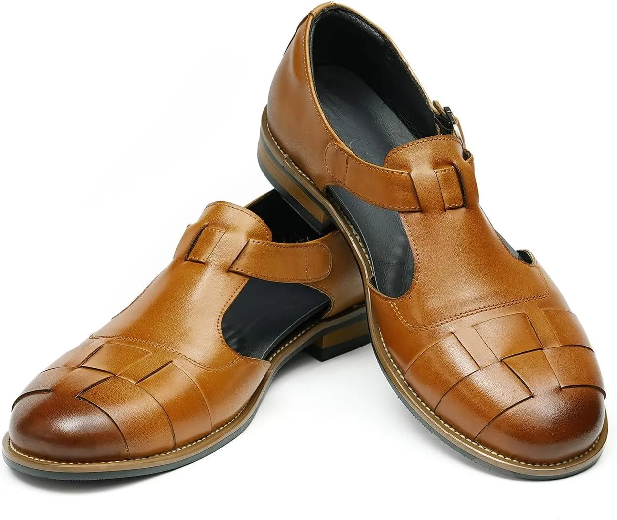 Men's Leather Dress Sandals with Agraffe Buckle| Business Casual Summer Shoes | Breathable Comfortable Wide Adjustable Straps Summer Loafers
