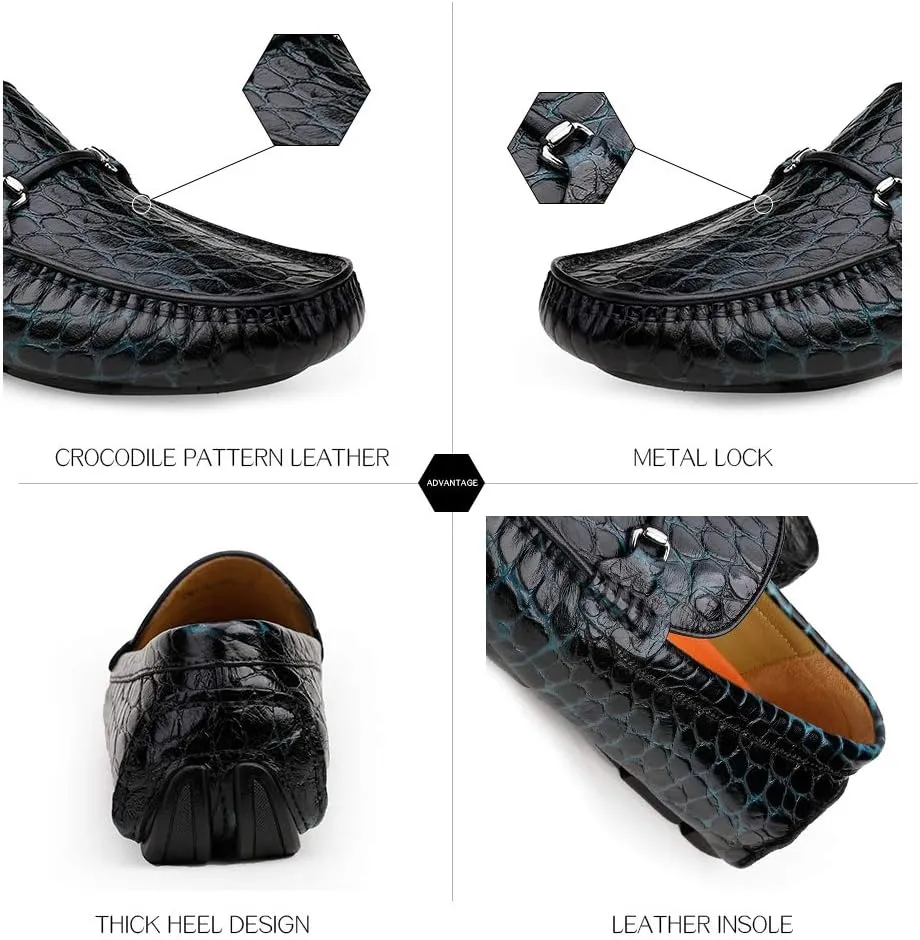 Men's Leather Driving Moccasin Crocodile Printed Slip-on Softsole Dress Shoes
