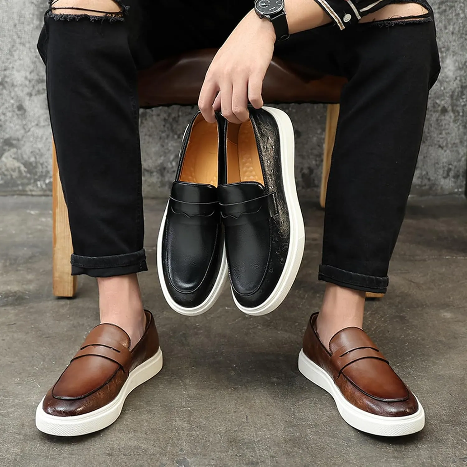 Men's Leather Platform Penny Loafers Fashion Round Toe Slip On Tuxedo Dress Shoes for Party Wedding Smoking Shoes