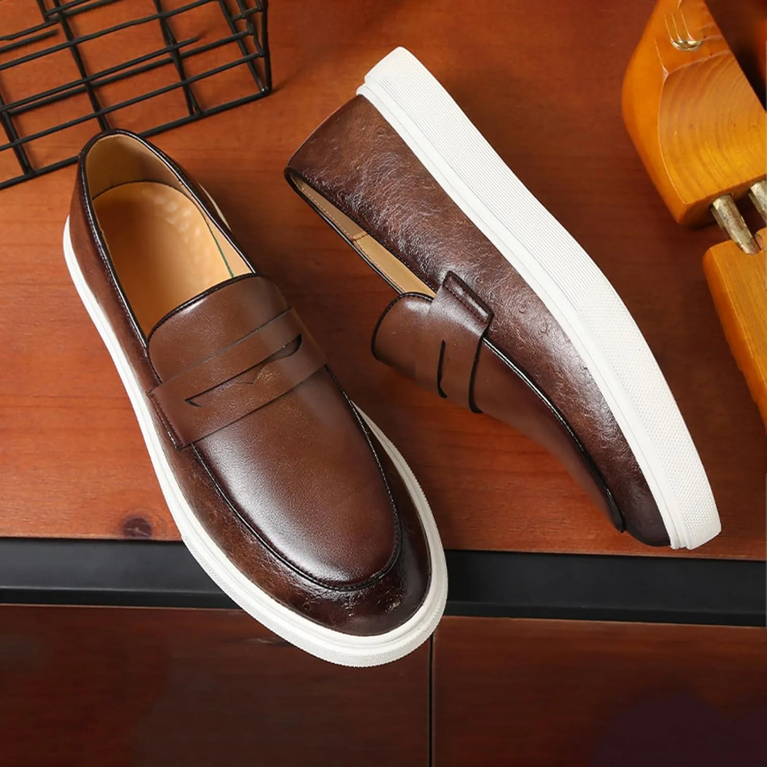 Men's Leather Platform Penny Loafers Fashion Round Toe Slip On Tuxedo Dress Shoes for Party Wedding Smoking Shoes