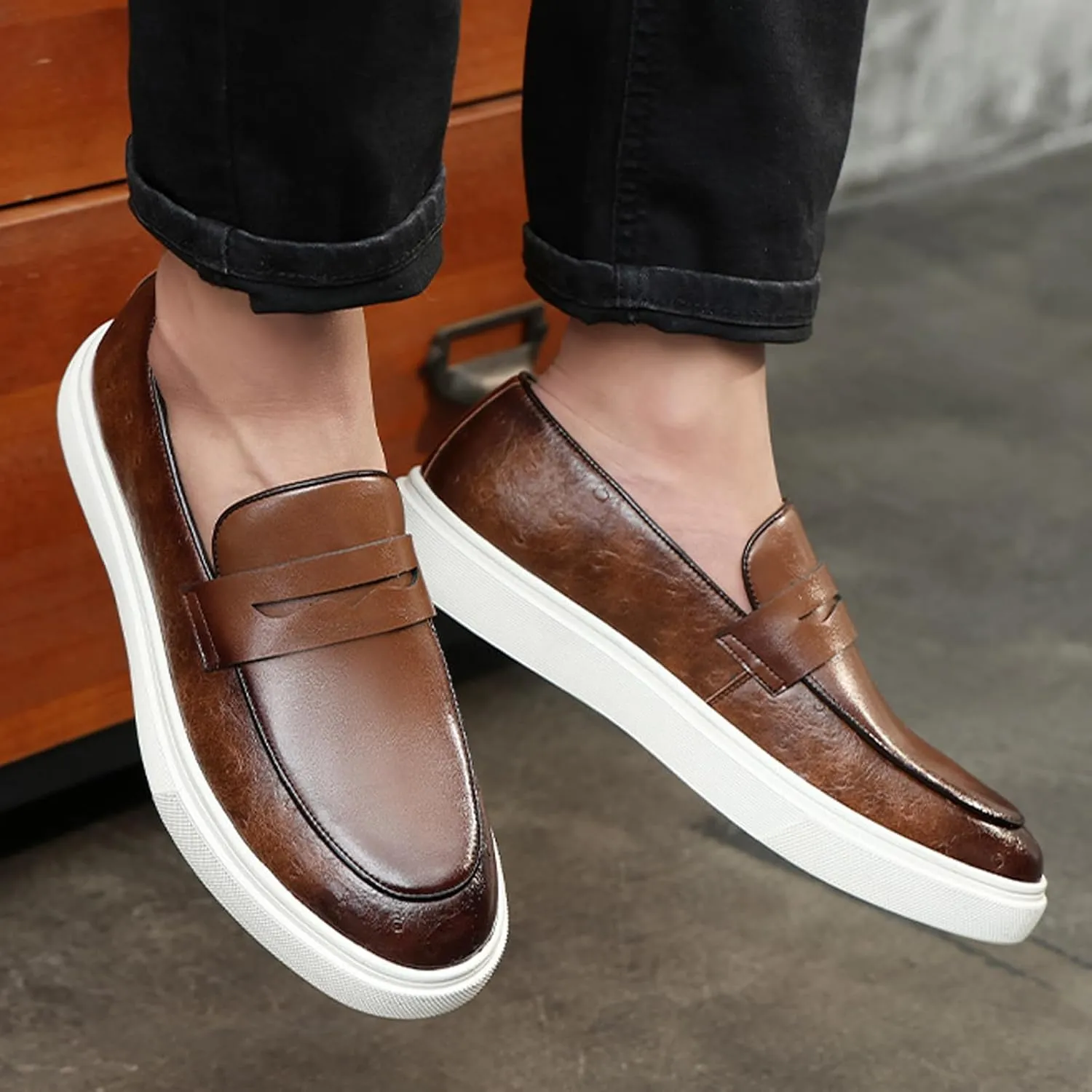 Men's Leather Platform Penny Loafers Fashion Round Toe Slip On Tuxedo Dress Shoes for Party Wedding Smoking Shoes