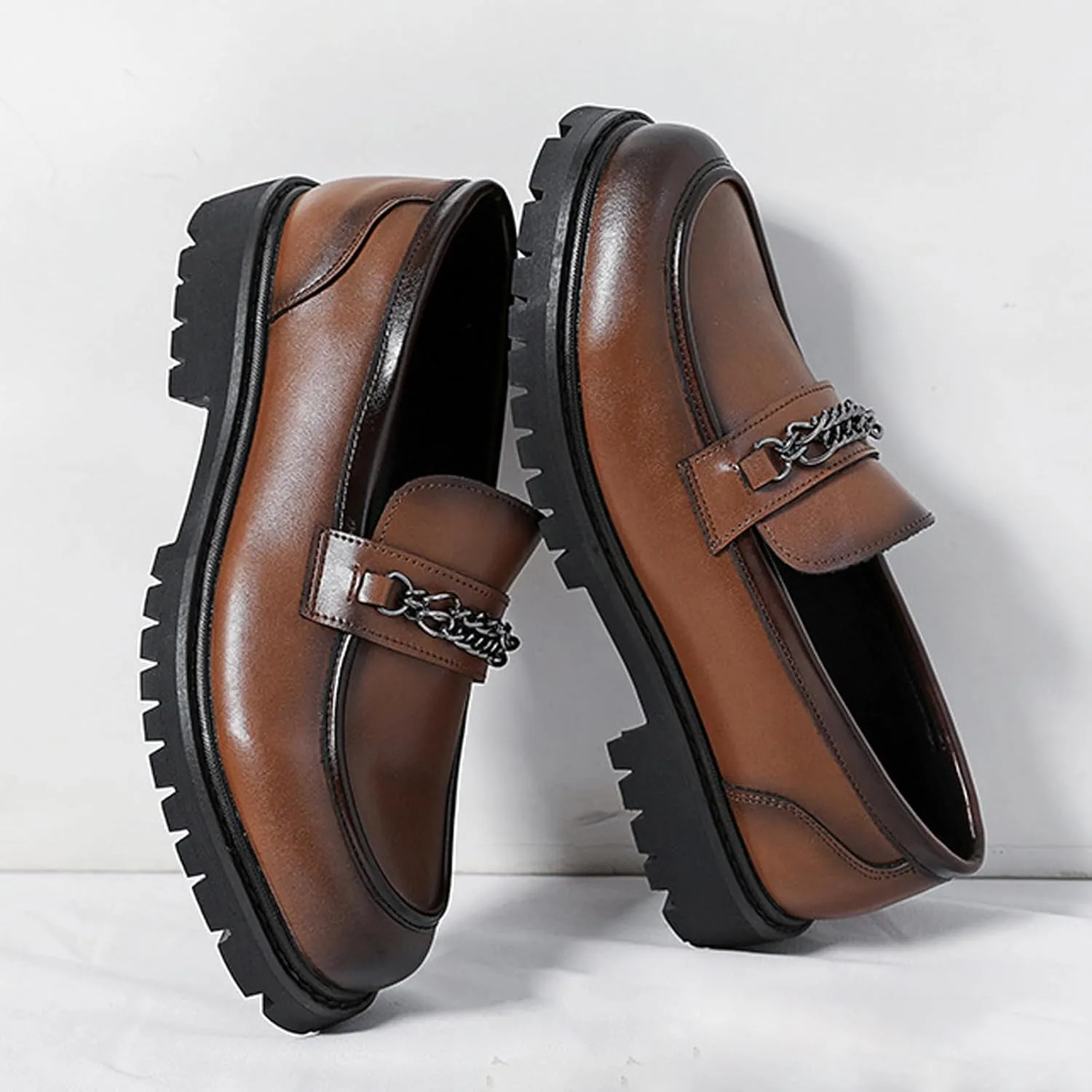 Men's Leather Platform Slip-on Penny Loafers,Classic Round Toe Lug Sole Non-Slip Business Dress Shoes,Casual Party Formal Work Shoes