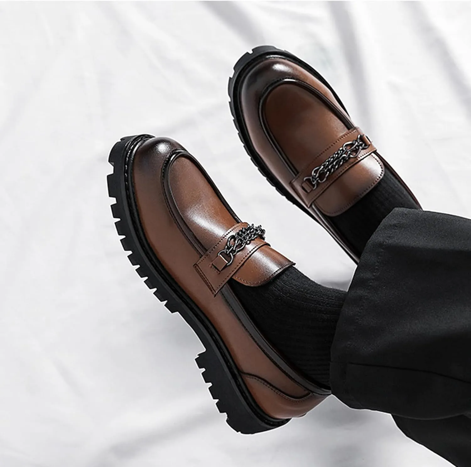 Men's Leather Platform Slip-on Penny Loafers,Classic Round Toe Lug Sole Non-Slip Business Dress Shoes,Casual Party Formal Work Shoes