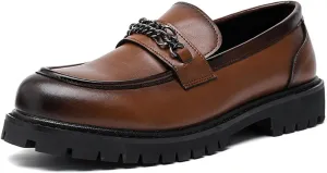 Men's Leather Platform Slip-on Penny Loafers,Classic Round Toe Lug Sole Non-Slip Business Dress Shoes,Casual Party Formal Work Shoes