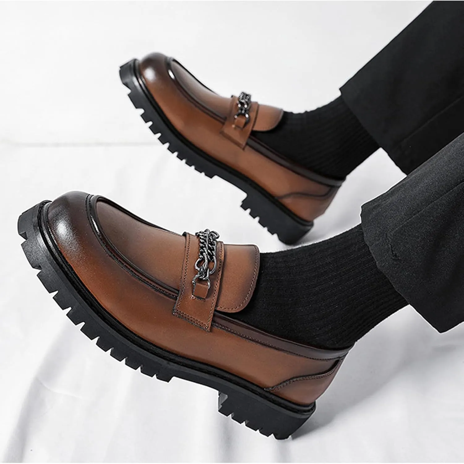 Men's Leather Platform Slip-on Penny Loafers,Classic Round Toe Lug Sole Non-Slip Business Dress Shoes,Casual Party Formal Work Shoes