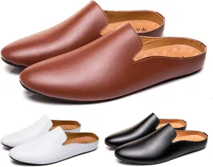 Men's Leather Simple Flat Casual Mule Clogs Fashion Slip On Comfortable Breathable Closed Pointed Toe Backless Dress Loafers for Work Party Wedding Walking