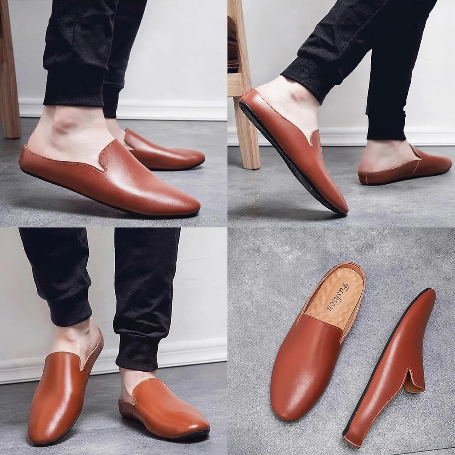 Men's Leather Simple Flat Casual Mule Clogs Fashion Slip On Comfortable Breathable Closed Pointed Toe Backless Dress Loafers for Work Party Wedding Walking