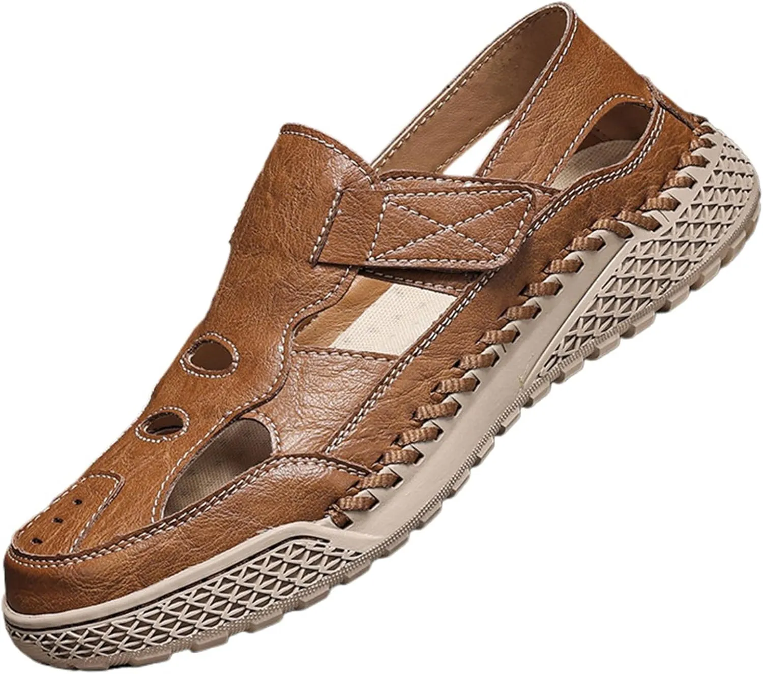 Men's Outdoor Leather Sport Sandals Closed-Toe Fisherman Shoes - Adjustable Straps Breathable for Summer Beach Hiking, Fishing | Handcrafted Comfortable Non-Slip Footwear