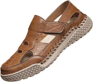 Men's Outdoor Leather Sport Sandals Closed-Toe Fisherman Shoes - Adjustable Straps Breathable for Summer Beach Hiking, Fishing | Handcrafted Comfortable Non-Slip Footwear