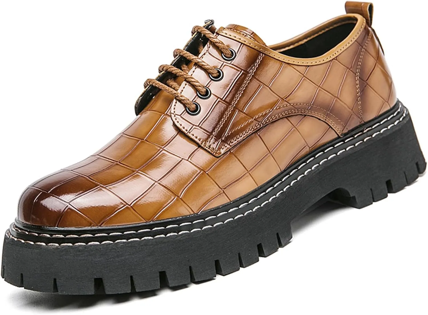 Men's Patent Leather Platform Loafers Luxury Alligator Printed Round Toe Lug Sole Lace-up Dress Shoes for Business Party Wedding Prom