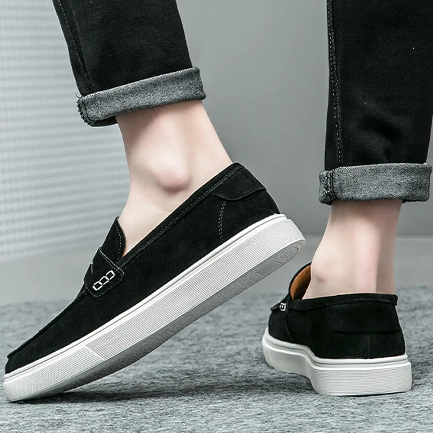 Men's Suede Comfort Flat Casual Tassel Loafers Lightweight Non-Slip Metal Decoration Platform Slip-on Fashion Walking Sneakers for Work Driving