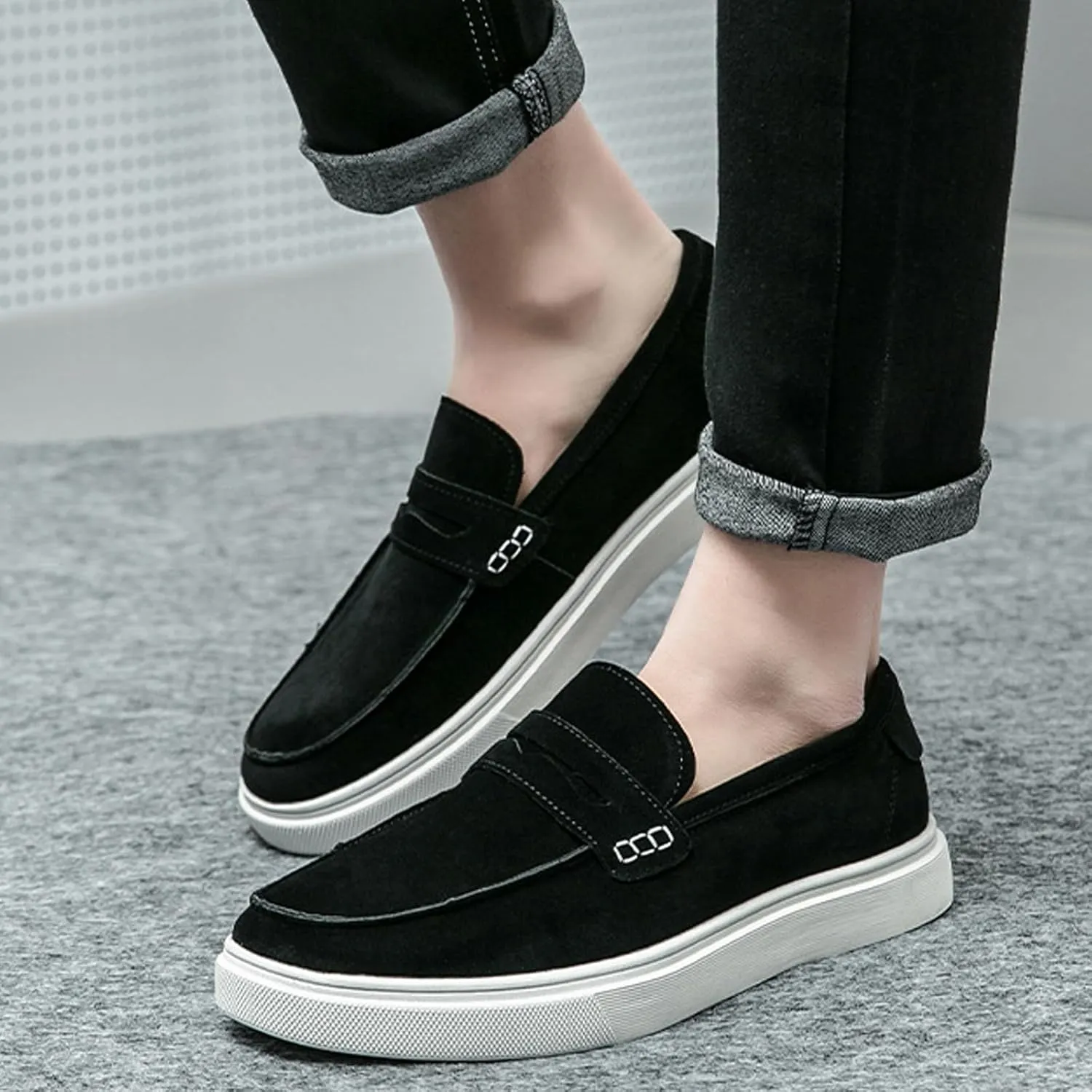 Men's Suede Comfort Flat Casual Tassel Loafers Lightweight Non-Slip Metal Decoration Platform Slip-on Fashion Walking Sneakers for Work Driving
