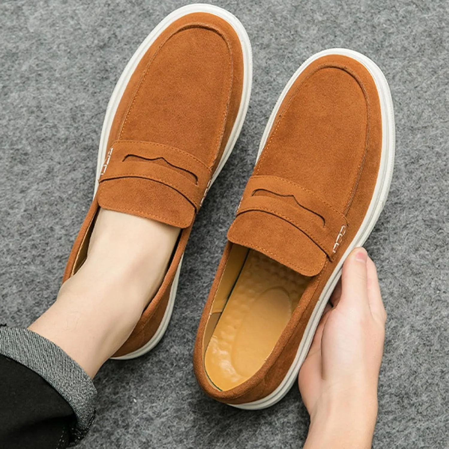 Men's Suede Comfort Flat Casual Tassel Loafers Lightweight Non-Slip Metal Decoration Platform Slip-on Fashion Walking Sneakers for Work Driving