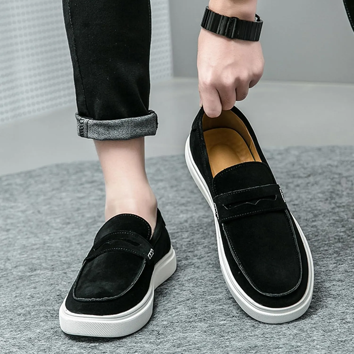 Men's Suede Comfort Flat Casual Tassel Loafers Lightweight Non-Slip Metal Decoration Platform Slip-on Fashion Walking Sneakers for Work Driving