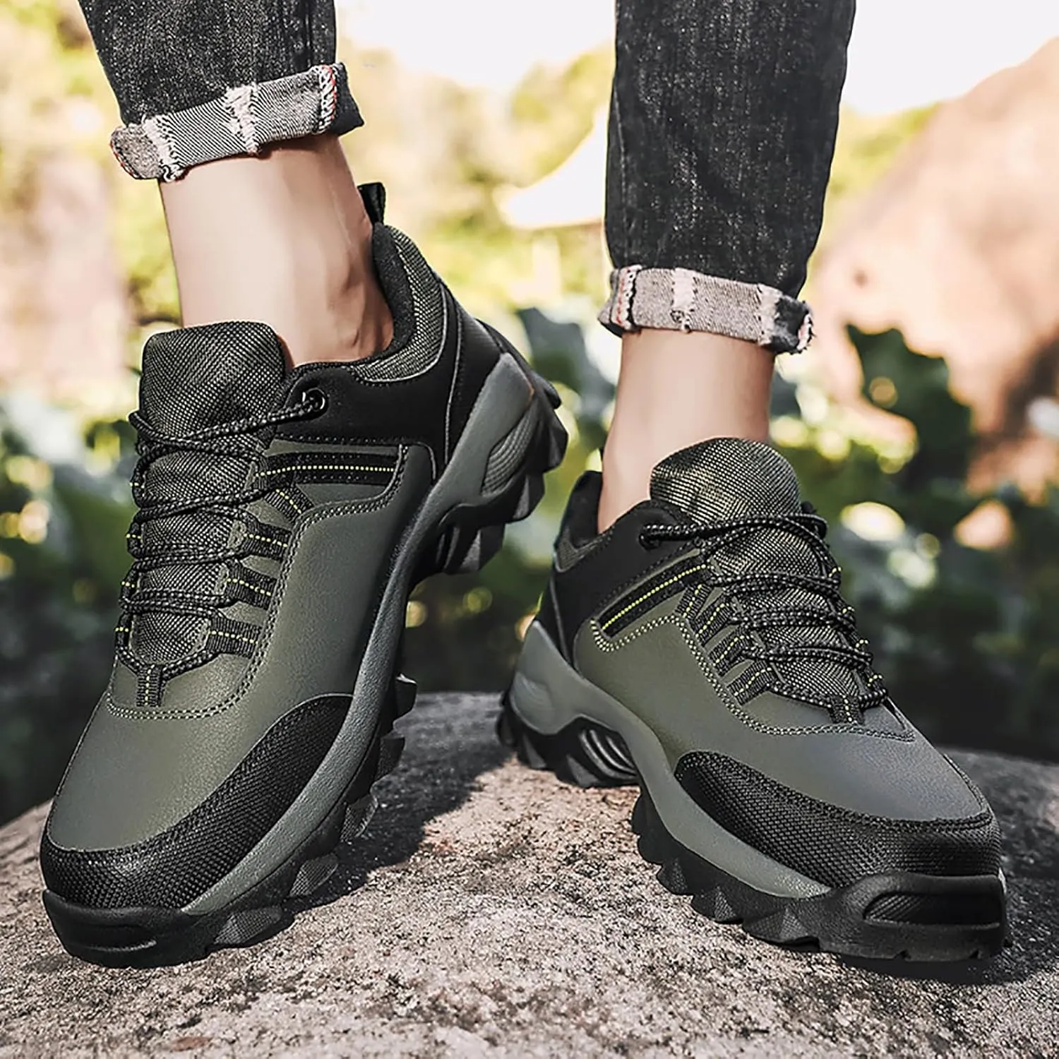 Men's Waterproof Hiking Shoes Breathable Non-Slip Sneakers Hike Trekking Trails Work Shoe Lightweight Low Top for Outdoor Trailing Trekking Walking