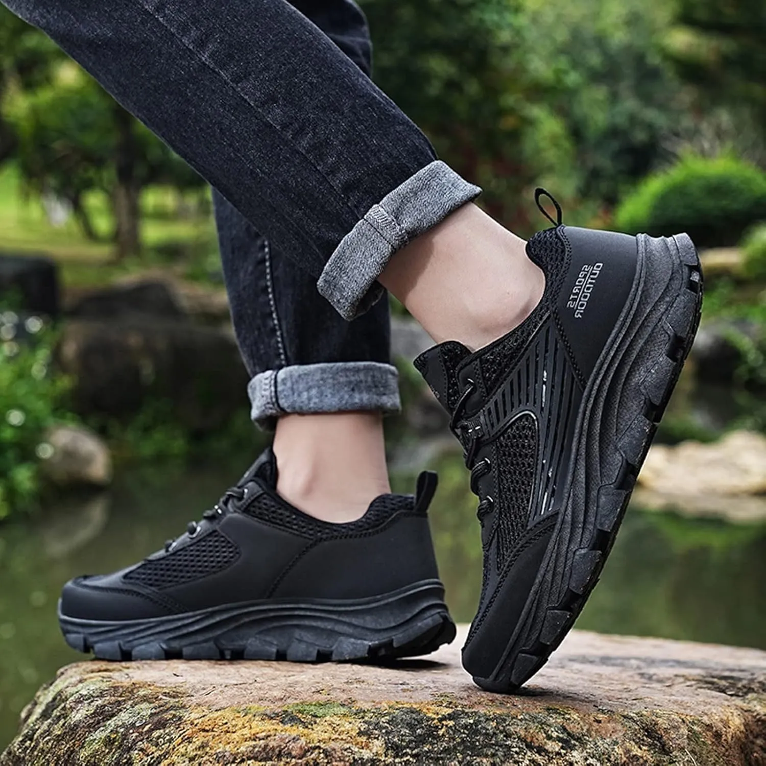 Men's Waterproof Hiking Shoes Leather Low-Top Leather Mountaineering Walking Shoes for Outdoor Trekking Camping with Arch Support Backpacking Boots All Day Workout Sneakers