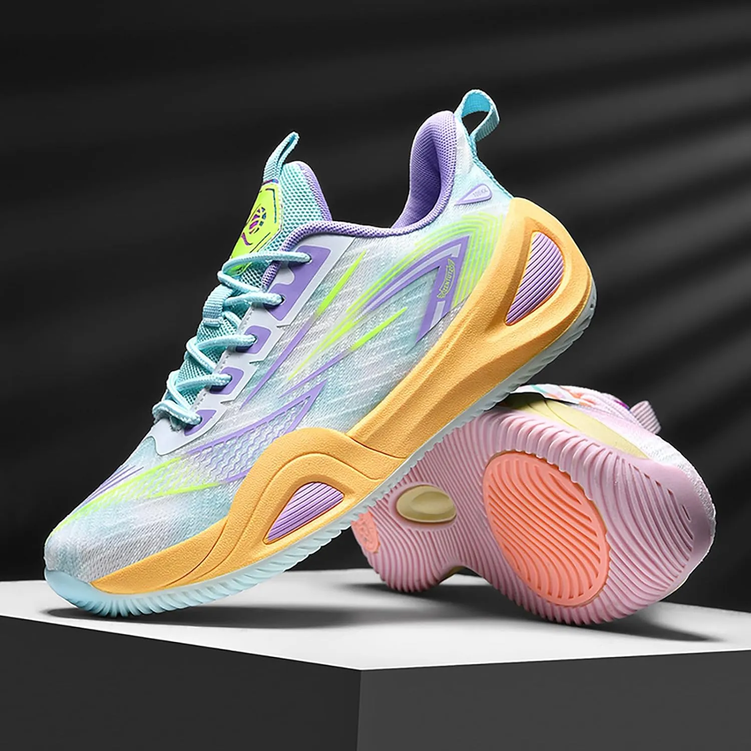 Men's Women's High-Top Basketball Shoes - Breathable Mesh with Cushioned Midsole & Non-Slip Rubber Outsole, Vibrant Split-Color Design Sport Shoes, Indoor/Outdoor Court Sneakers
