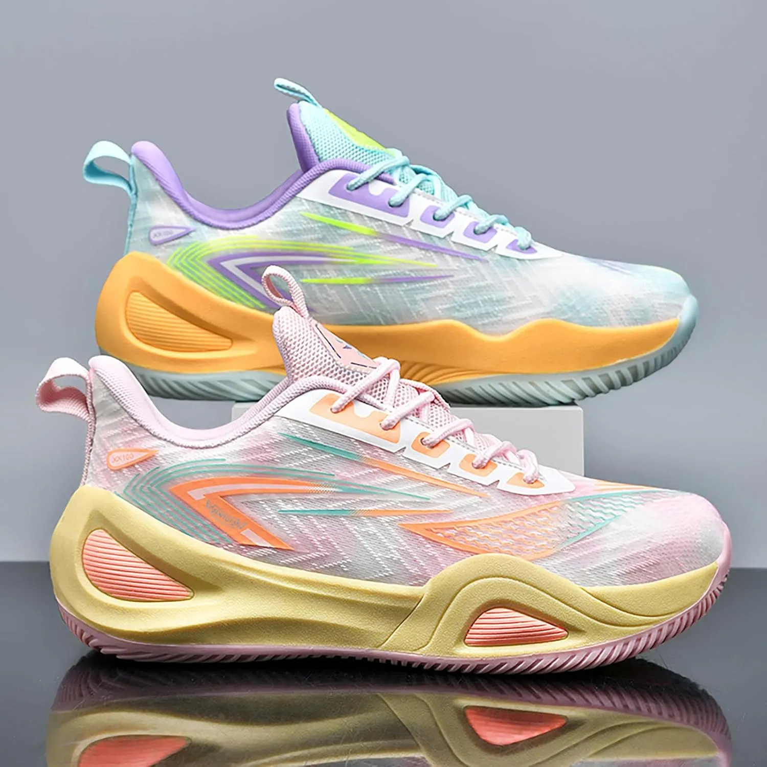 Men's Women's High-Top Basketball Shoes - Breathable Mesh with Cushioned Midsole & Non-Slip Rubber Outsole, Vibrant Split-Color Design Sport Shoes, Indoor/Outdoor Court Sneakers