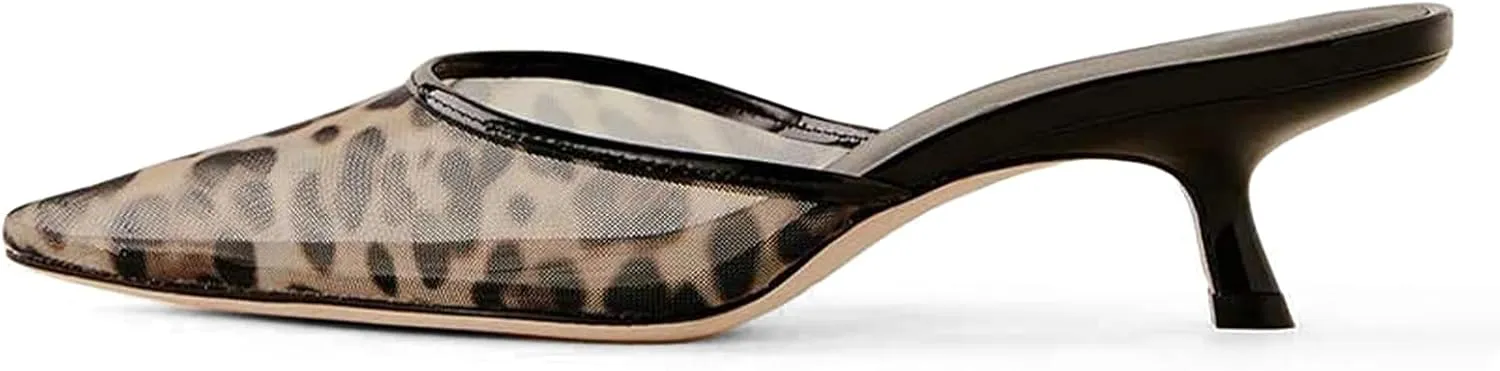Mesh Kitten Heels Mules for Women Closed Pointed Toe Slip on Backless Stiletto Slingback Low Heels Comfort Pumps Shoes