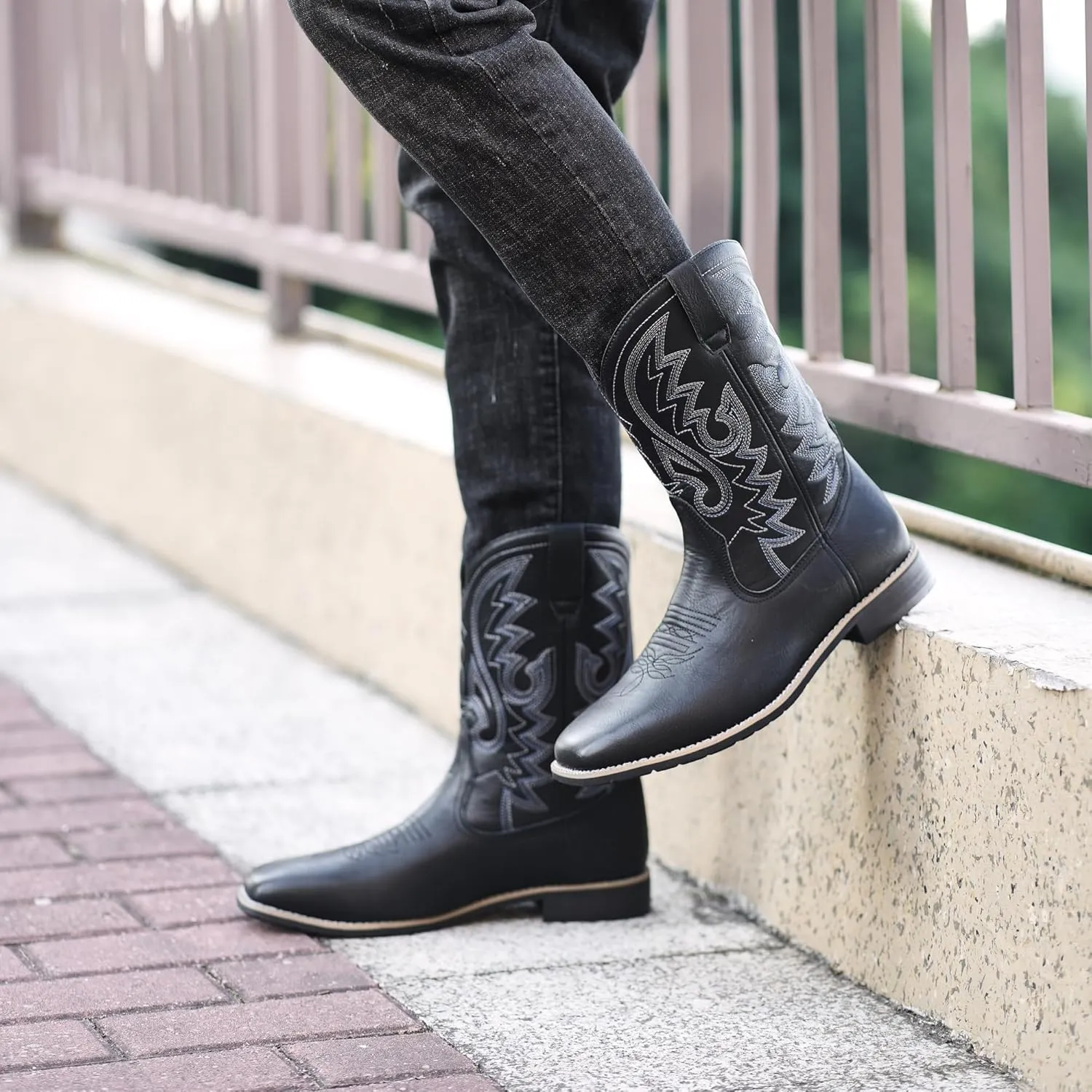 Metrocharm Men's Cowboy Western-02 Embroidered Square Toe Mid-Calf Boots