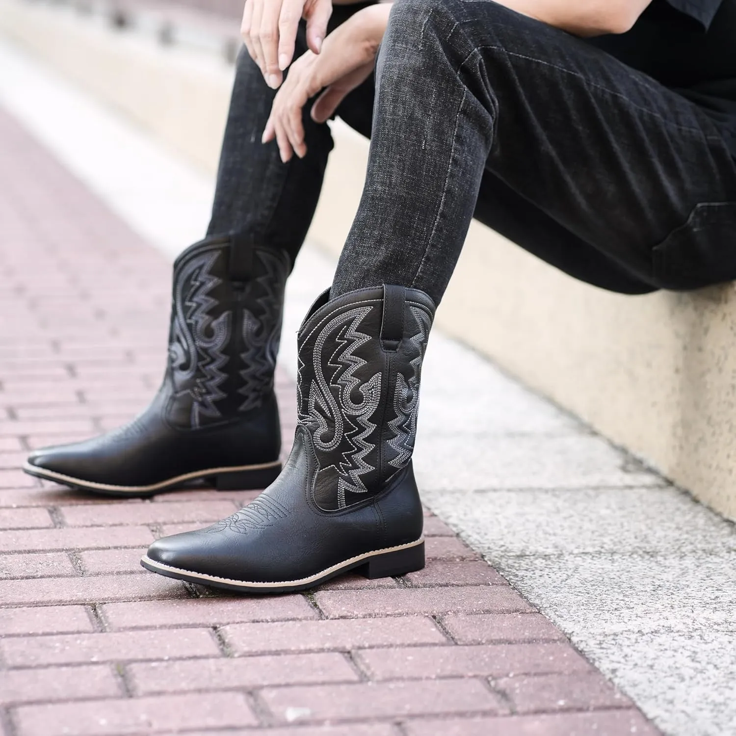 Metrocharm Men's Cowboy Western-02 Embroidered Square Toe Mid-Calf Boots