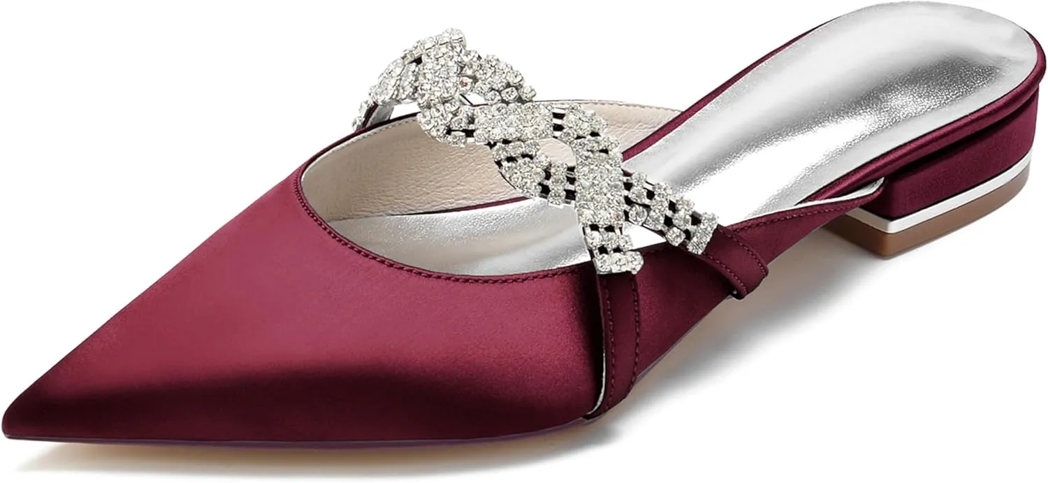 Minishion Wedding Flats Bride Shoes Womens Backless Comfy Evening Dress Mules Shoes with Rhinestone BR158