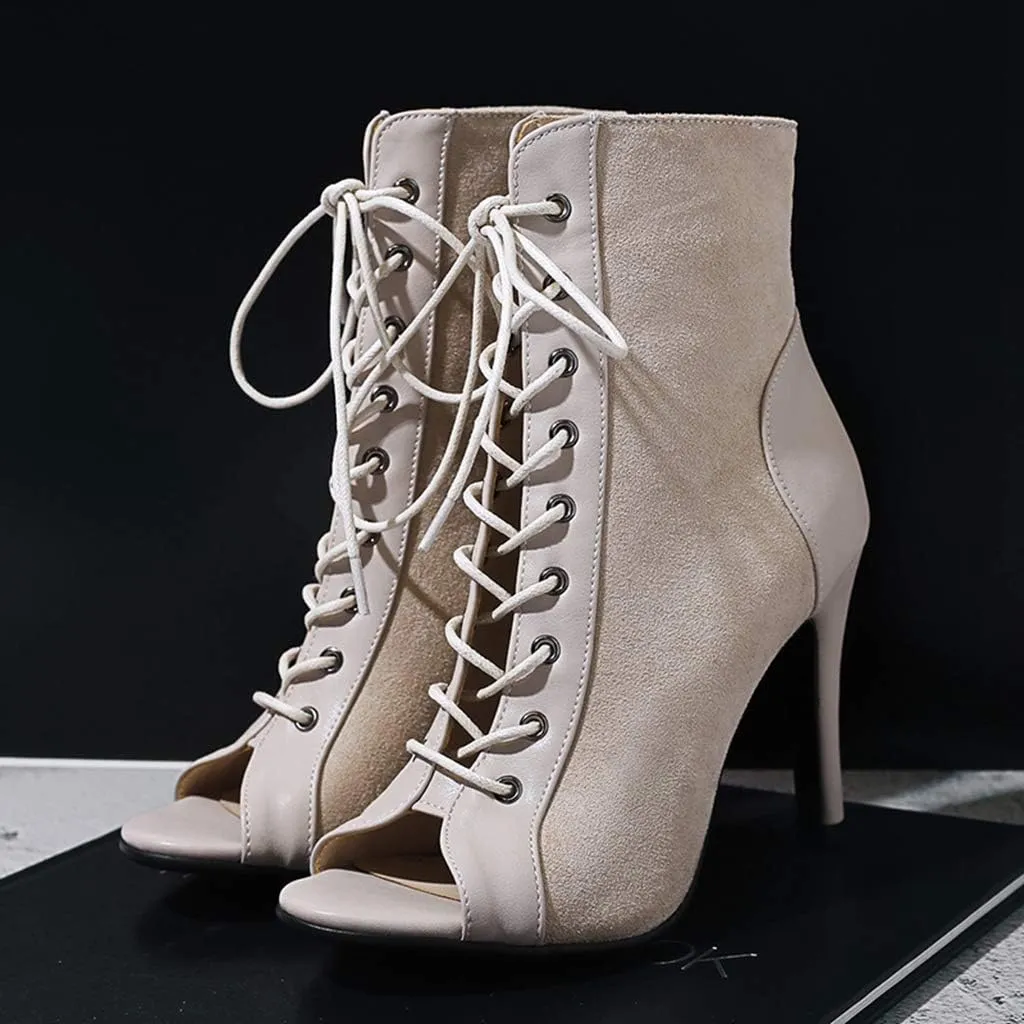 MIOKE Women's Peep Toe Dance Stilettos High Heels Sandals Fashion Sexy Lace Up Ladies Dress Pumps Ankle Booties
