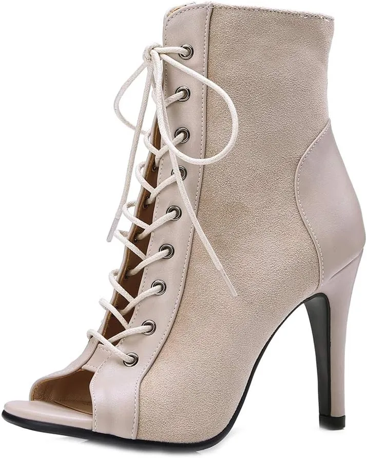 MIOKE Women's Peep Toe Dance Stilettos High Heels Sandals Fashion Sexy Lace Up Ladies Dress Pumps Ankle Booties
