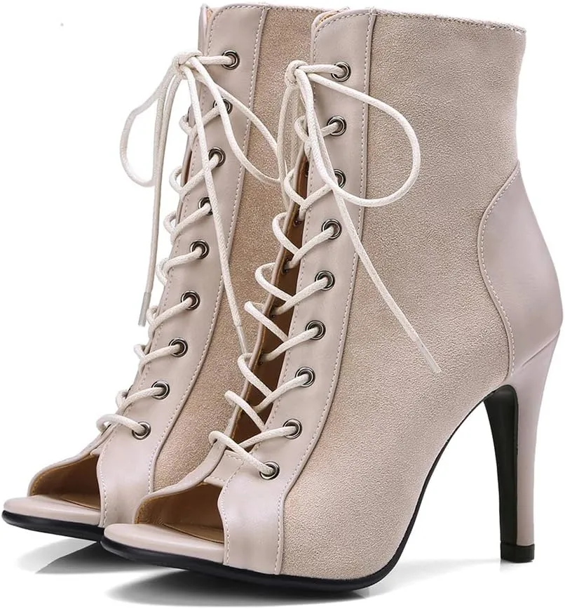 MIOKE Women's Peep Toe Dance Stilettos High Heels Sandals Fashion Sexy Lace Up Ladies Dress Pumps Ankle Booties