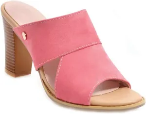 MIOKE Women's Stack Block Heel Slide Sandals Peep Toe Suede Slip On Mules Comfort Dress Heeled Sandal