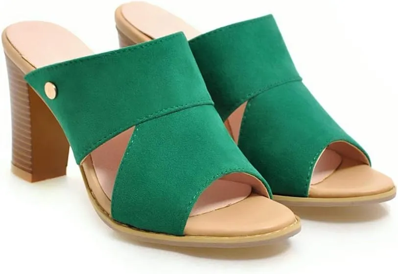 MIOKE Women's Stack Block Heel Slide Sandals Peep Toe Suede Slip On Mules Comfort Dress Heeled Sandal