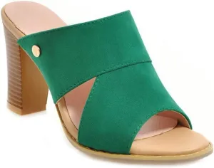 MIOKE Women's Stack Block Heel Slide Sandals Peep Toe Suede Slip On Mules Comfort Dress Heeled Sandal