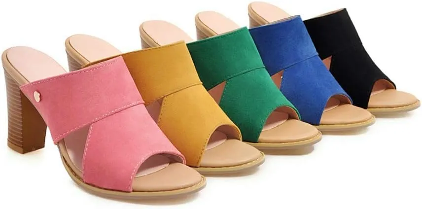 MIOKE Women's Stack Block Heel Slide Sandals Peep Toe Suede Slip On Mules Comfort Dress Heeled Sandal