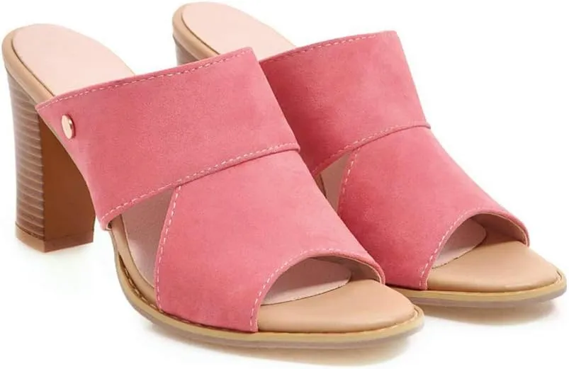 MIOKE Women's Stack Block Heel Slide Sandals Peep Toe Suede Slip On Mules Comfort Dress Heeled Sandal