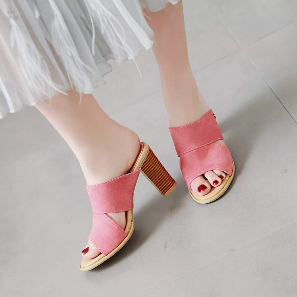 MIOKE Women's Stack Block Heel Slide Sandals Peep Toe Suede Slip On Mules Comfort Dress Heeled Sandal