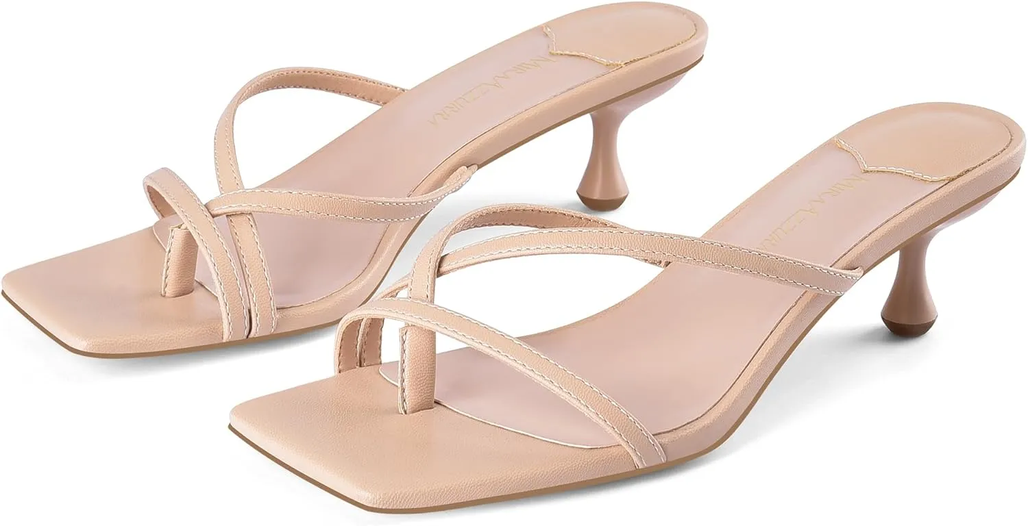 MIRAAZZURRA Flip Flop Kitten Heels Square Open Toe Thong Low Heels Strappy Slip On Slide Sandals Daily Party Shoes