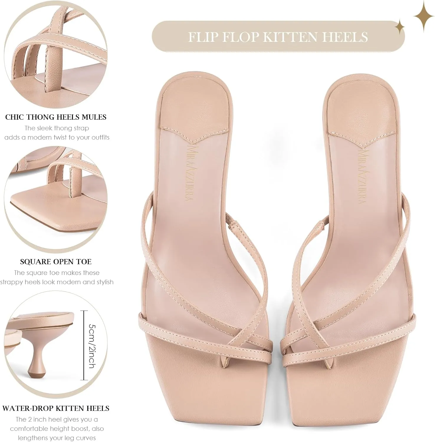 MIRAAZZURRA Flip Flop Kitten Heels Square Open Toe Thong Low Heels Strappy Slip On Slide Sandals Daily Party Shoes