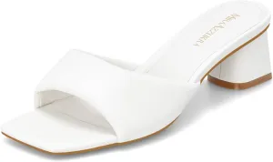 MIRAAZZURRA White Women Heeled Mules Square Open Toe Chunky Block Heel Slip on Heeled Sandals Casual Dress Slide Shoes Size 8