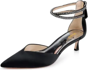 miss left Women Sparkly Rhinestone Ankle Strap Pumps Low Kitten Heel Pointed Toe D'Orsay Sandals with Zip Bridal Shoes Size 4-16 US