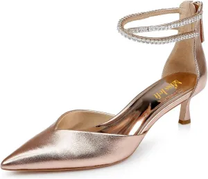 miss left Women Sparkly Rhinestone Ankle Strap Pumps Low Kitten Heel Pointed Toe D'Orsay Sandals with Zip Bridal Shoes Size 4-16 US